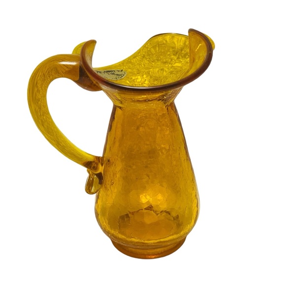 Vintage Kanawha Golden Amber Crackle Pitcher Hand Crafted Glass Ewer - Picture 3 of 12